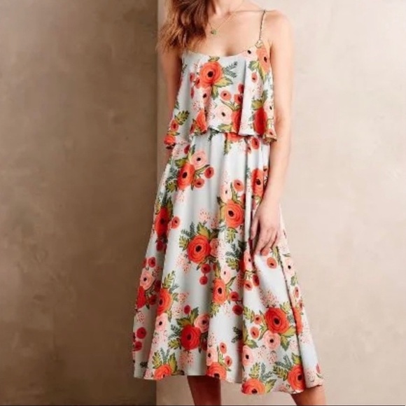 Paper Crown x Rifle Paper Floral Blue Double Tiers Chiffon Poppy Fields Dress - Picture 1 of 9